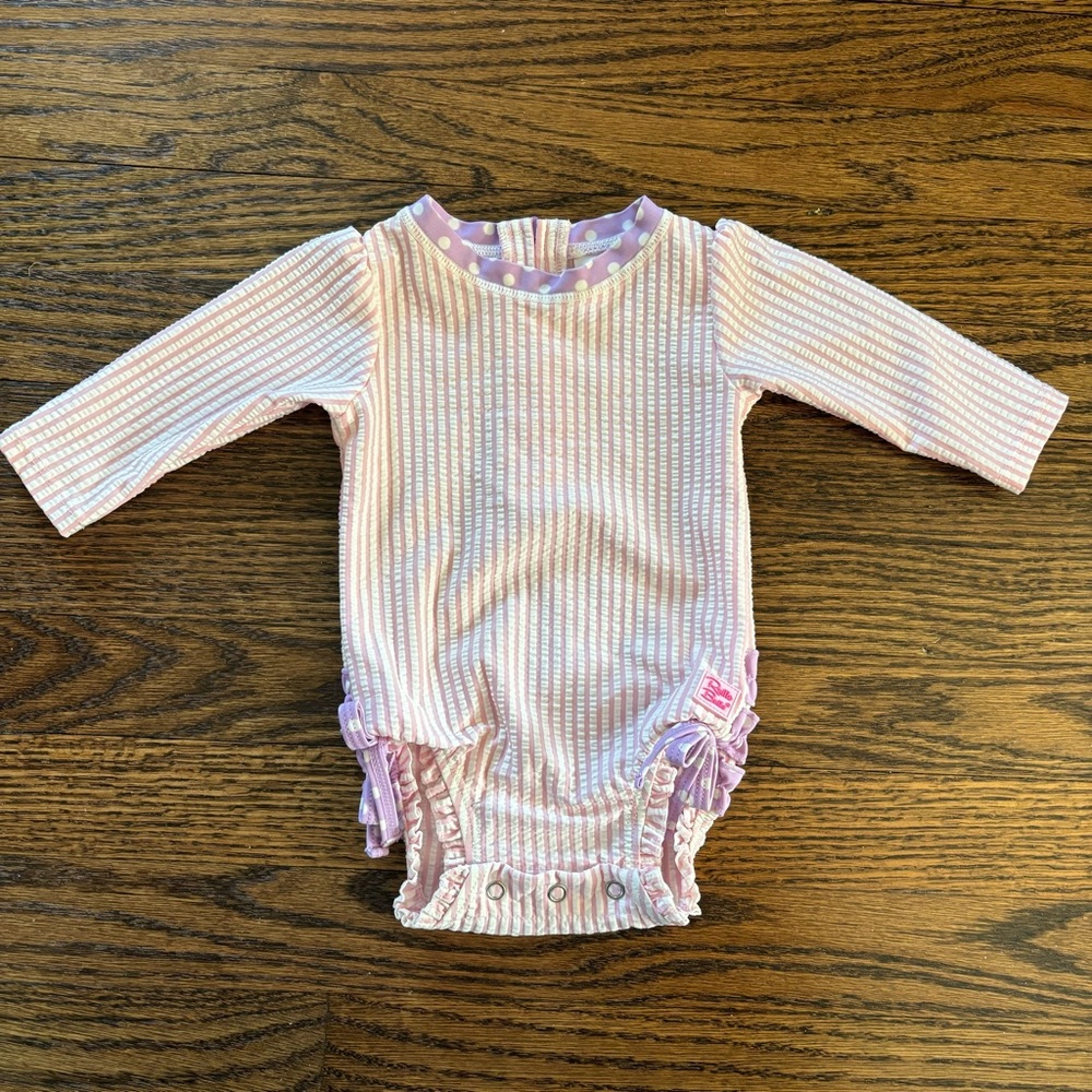 Ruffle Butts Pink Stripes Seersucker baby bathing suit Size 3-6 Months